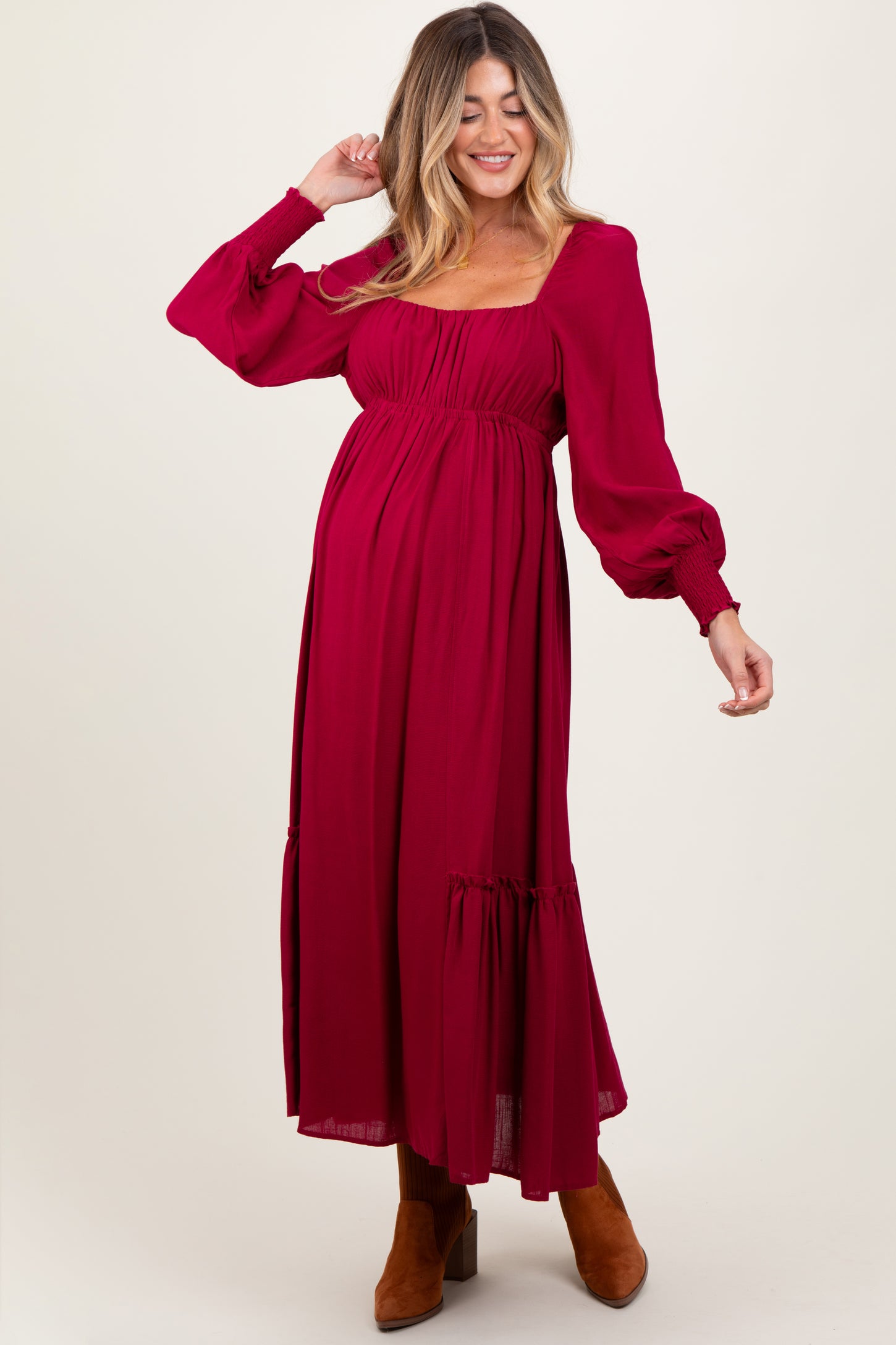 Burgundy Square Neckline Bubble Sleeve Maternity Maxi Dress PinkBlush Burgundy Square Neckline Bubble Sleeve Maternity Maxi Dress PinkBlush