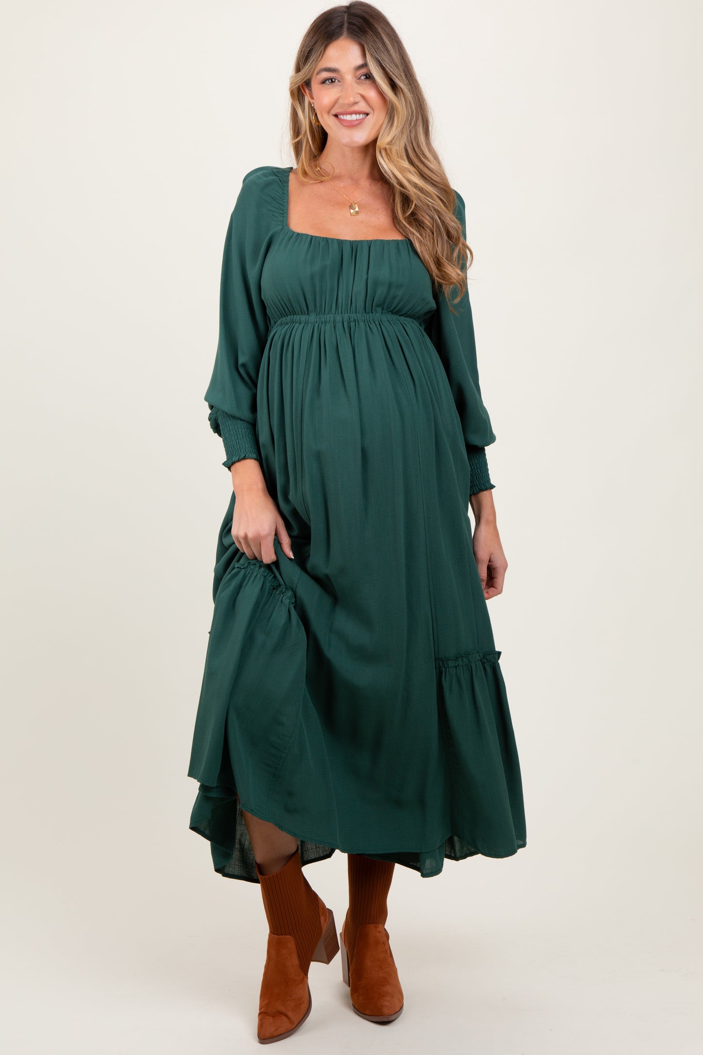 Forest Green Square Neckline Bubble Sleeve Maternity Maxi Dress