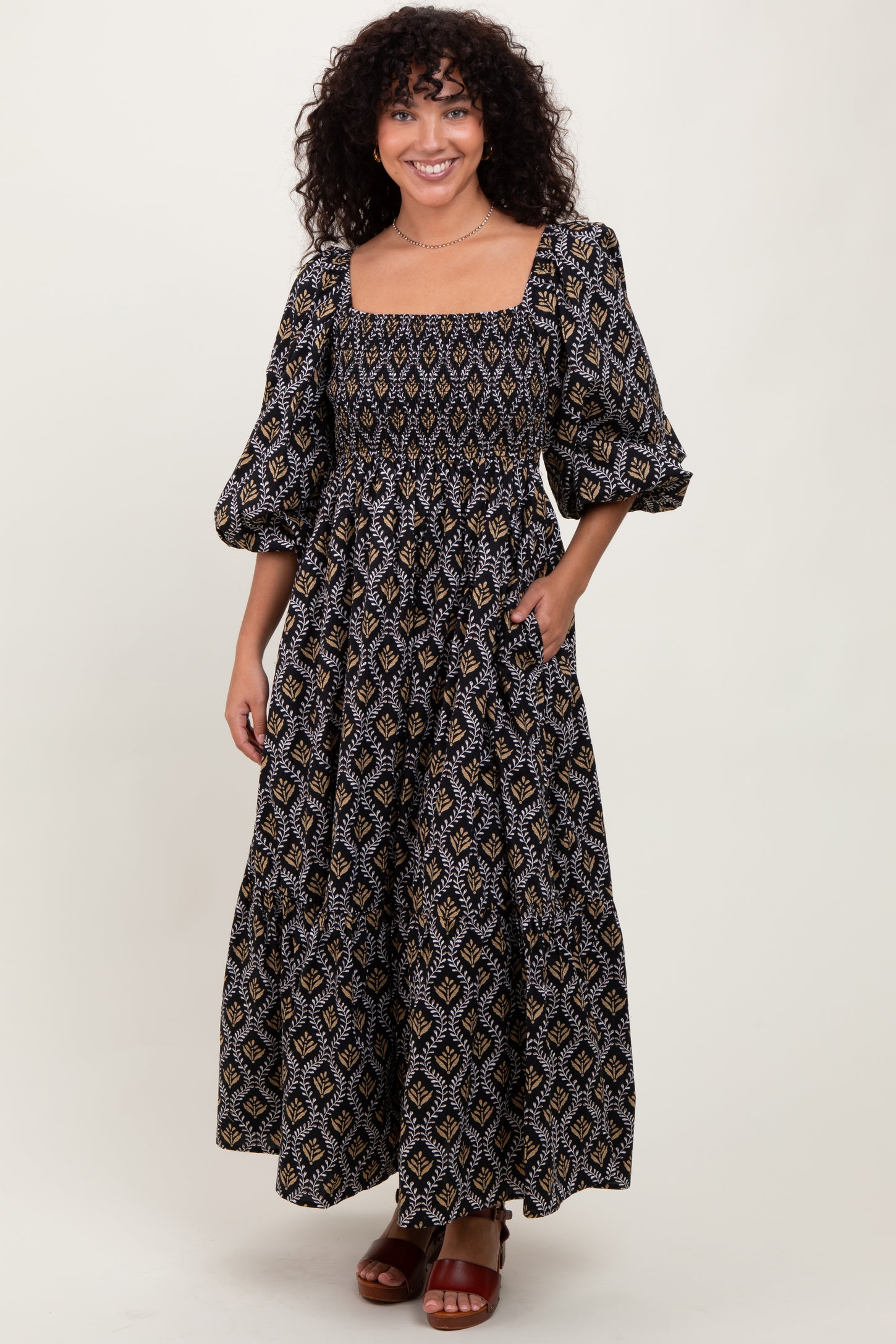 Black Damask Print Smocked Maternity Maxi Dress