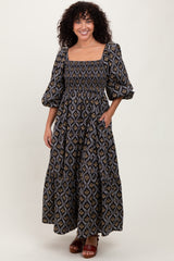 Black Damask Print Smocked Maternity Maxi Dress