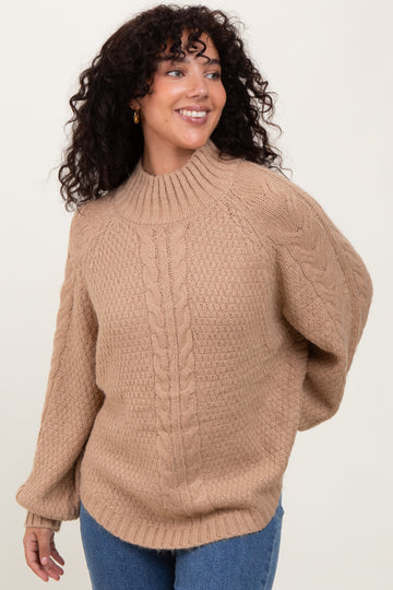 Beige Mixed Chunky Cable Knit Mock Neck Sweater