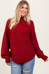 Burgundy Mixed Chunky Cable Knit Mock Neck Sweater