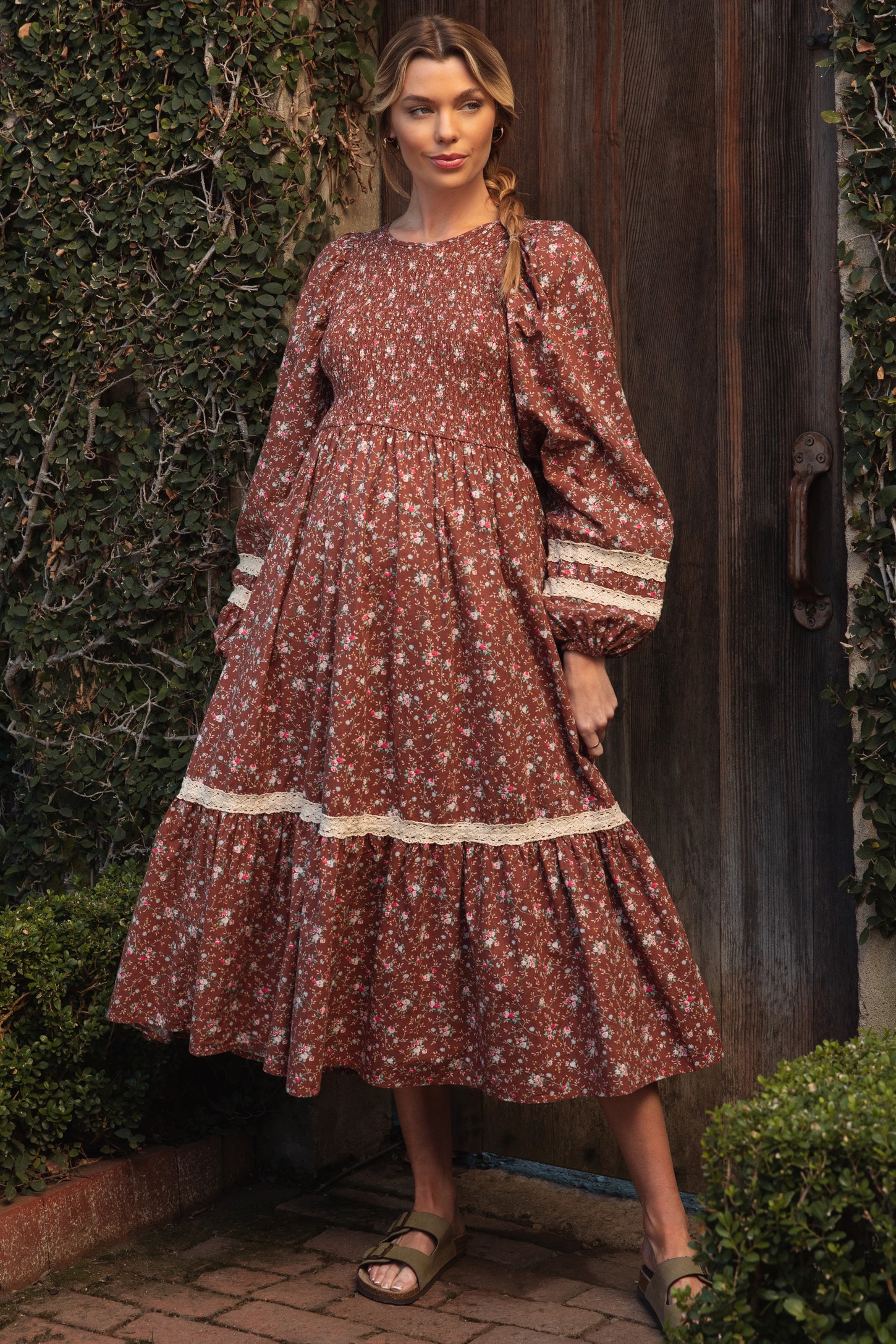 Mocha Smocked Floral Crochet Lace Trim Maternity Maxi Dress PinkBlush Mocha Smocked Floral Crochet Lace Trim Maternity Maxi Dress PinkBlush