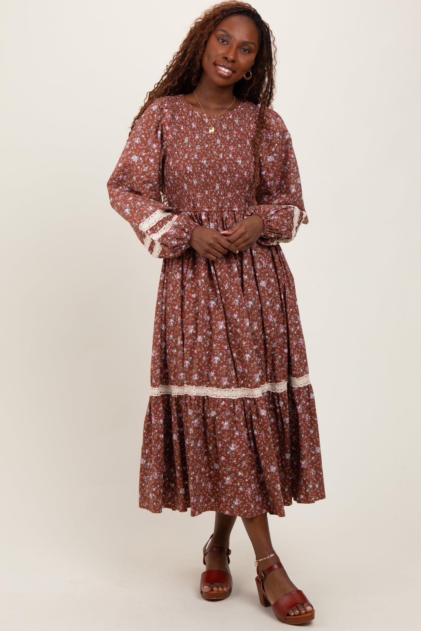 Mocha Smocked Floral Crochet Lace Trim Maternity Maxi Dress