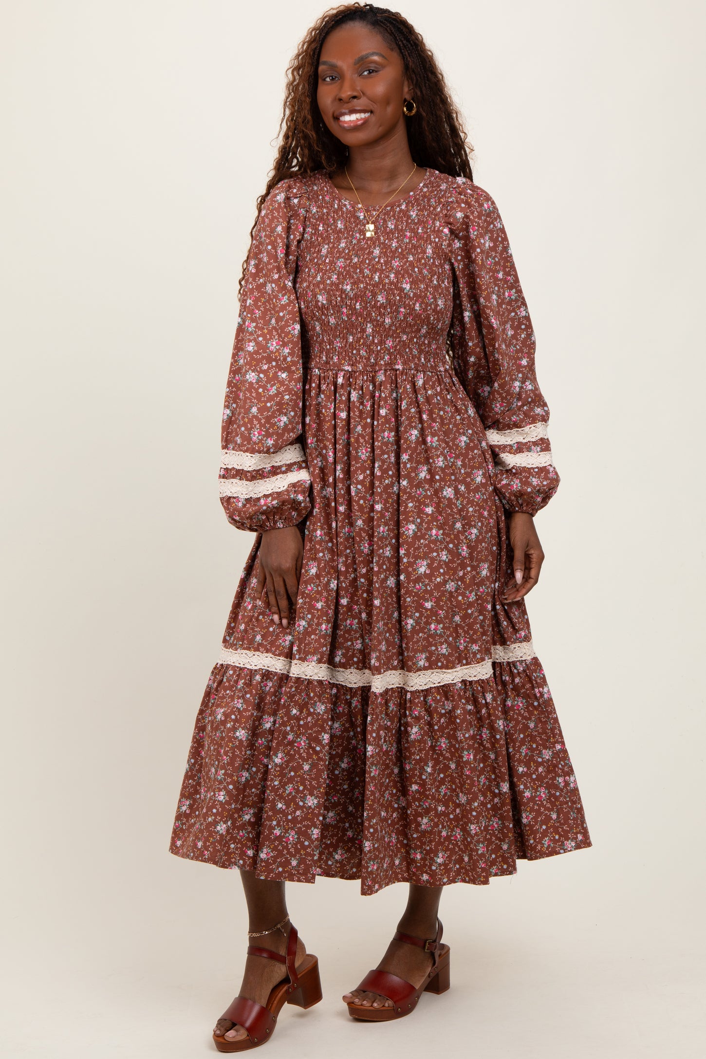 Mocha Smocked Floral Crochet Lace Trim Maxi Dress PinkBlush Mocha Smocked Floral Crochet Lace Trim Maxi Dress PinkBlush