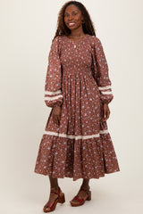 Mocha Smocked Floral Crochet Lace Trim Maxi Dress