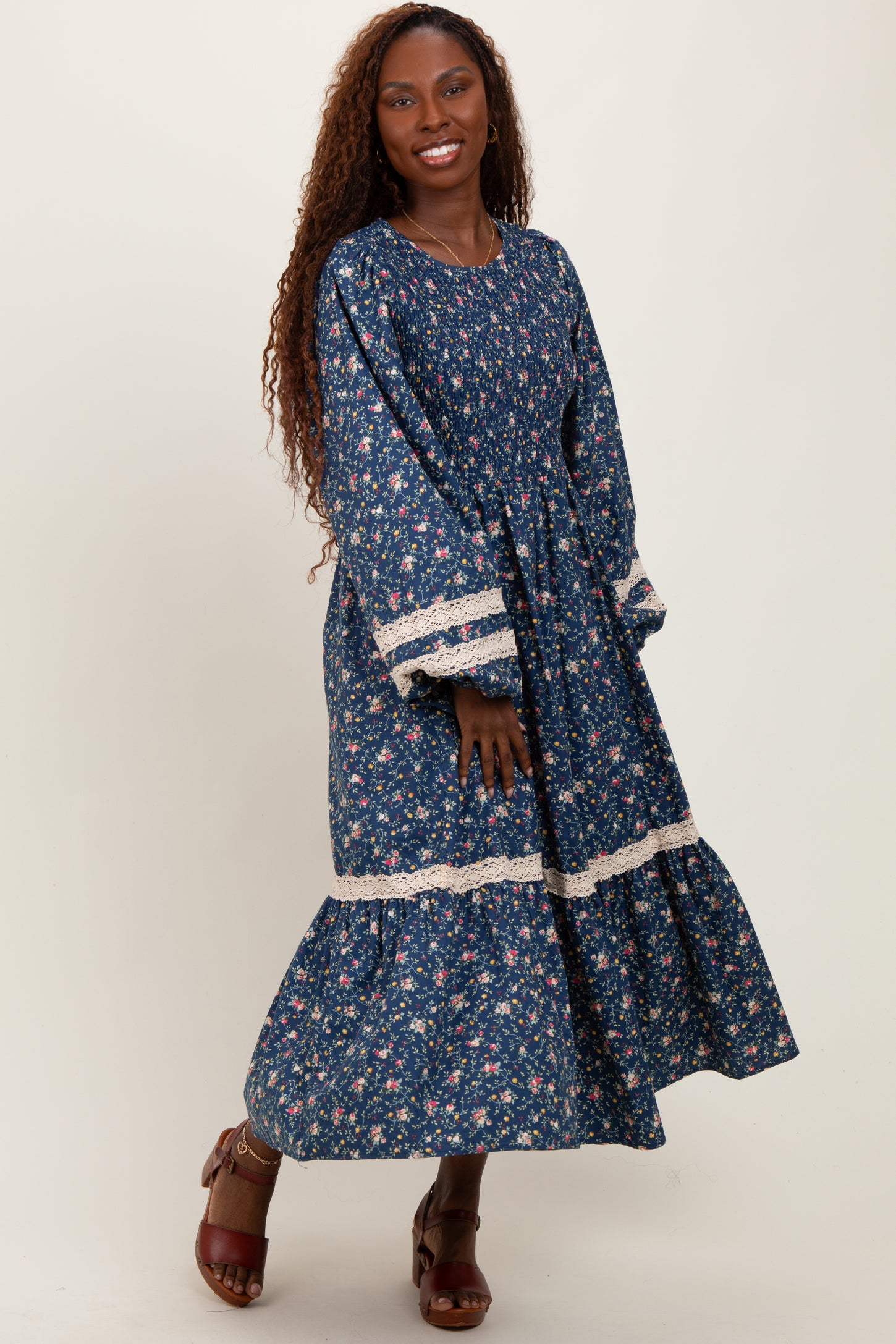 Blue Smocked Floral Crochet Lace Trim Maxi Dress Blue Smocked Floral Crochet Lace Trim Maxi Dress