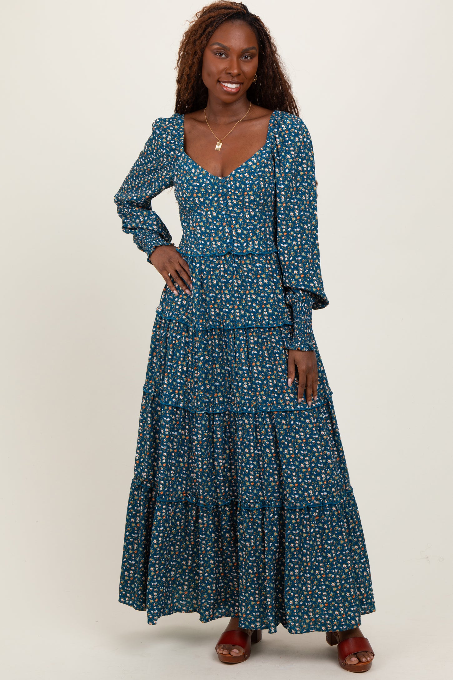 Teal Floral Button Accent Bodice Tiered Maxi Dress