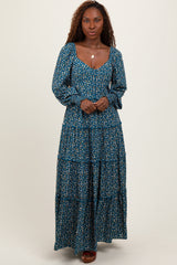 Teal Floral Button Accent Bodice Tiered Maxi Dress