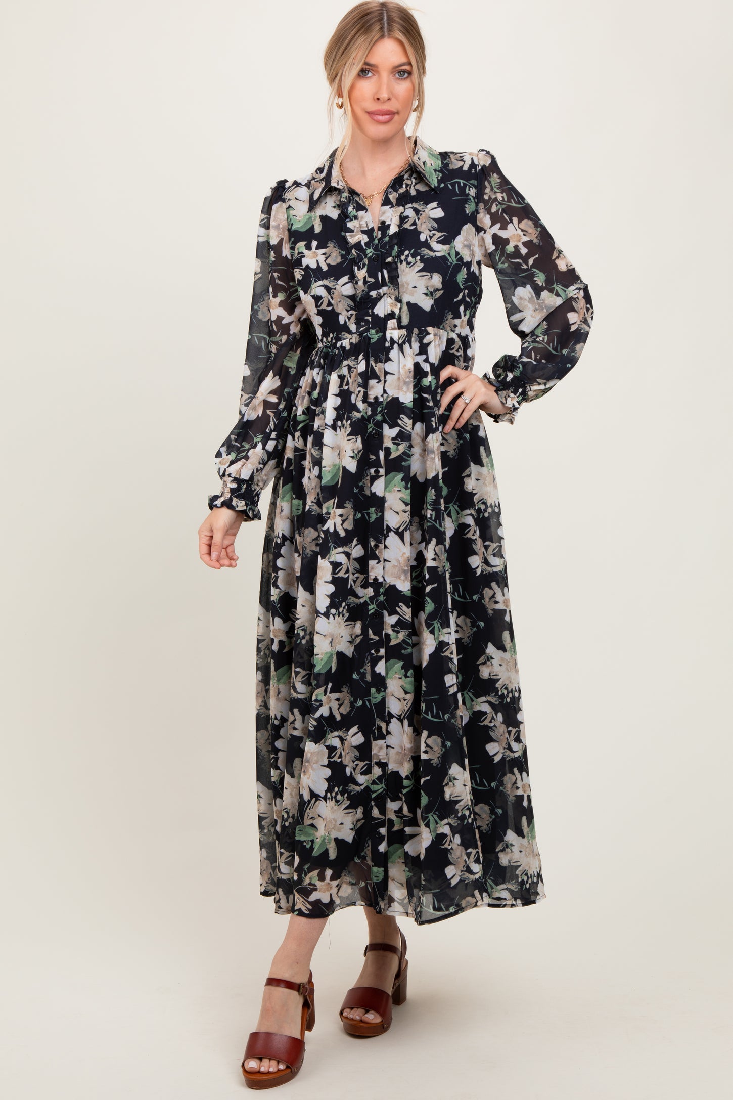 Black Floral Chiffon Ruffle Accent Button Down Maxi Dress – PinkBlush