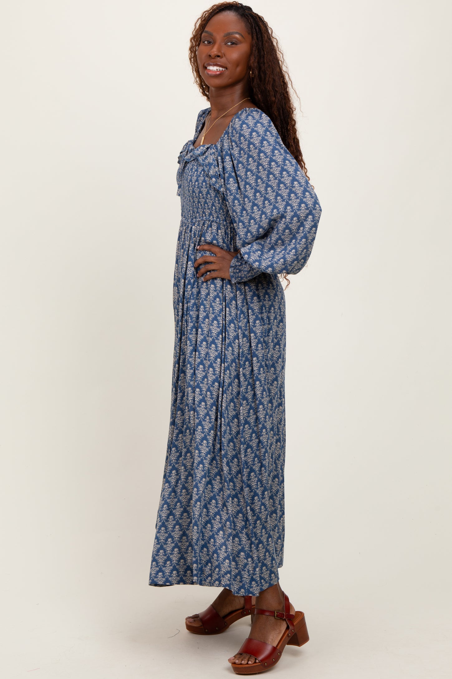 Blue Damask Print Smocked Ruffle Accent Maxi Dress Blue Damask Print Smocked Ruffle Accent Maxi Dress