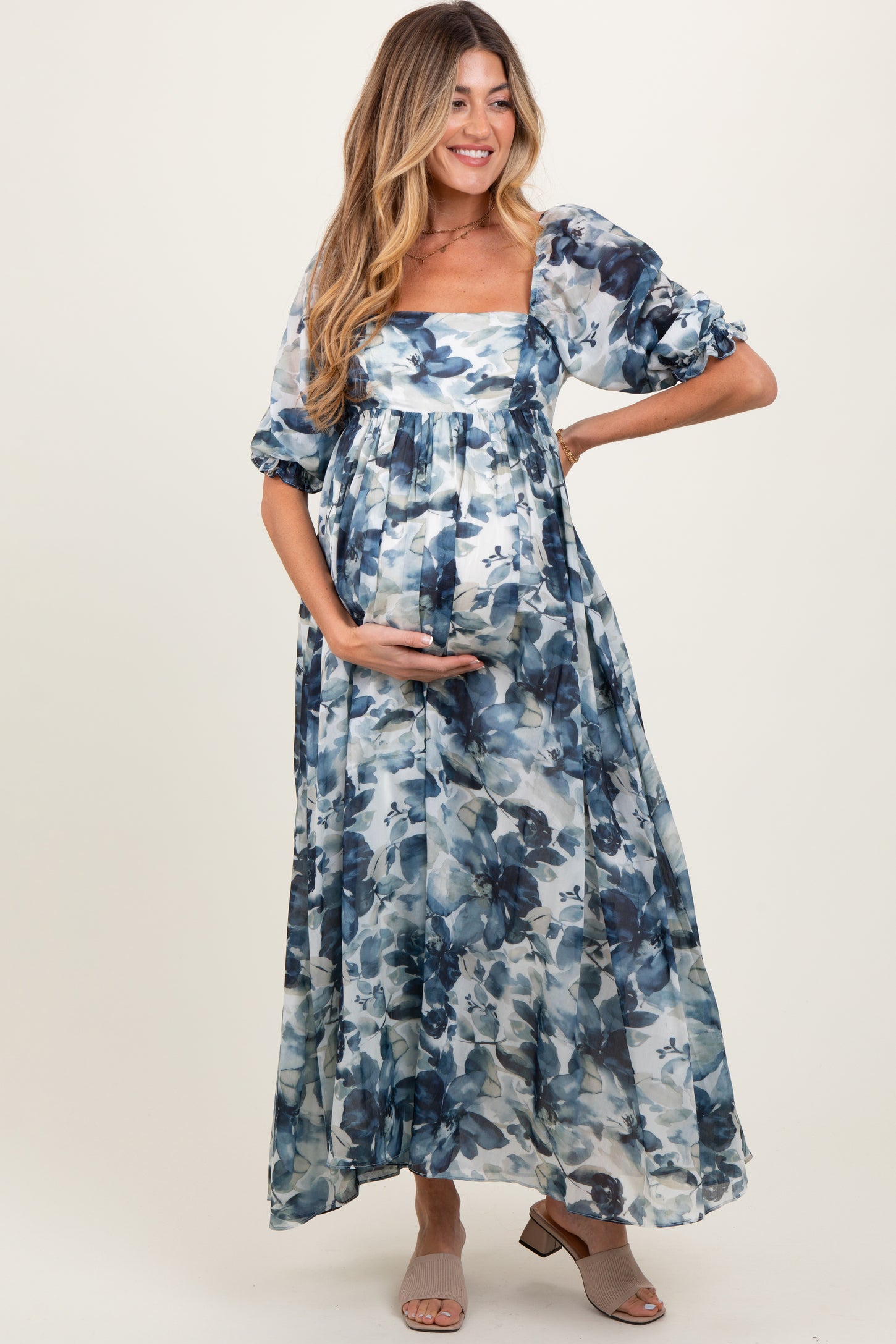 puffy sleeve long dress maternity Lace Puffy Sleeves Maxi Maternity Beach Photoshoot Dress, Pink / XL