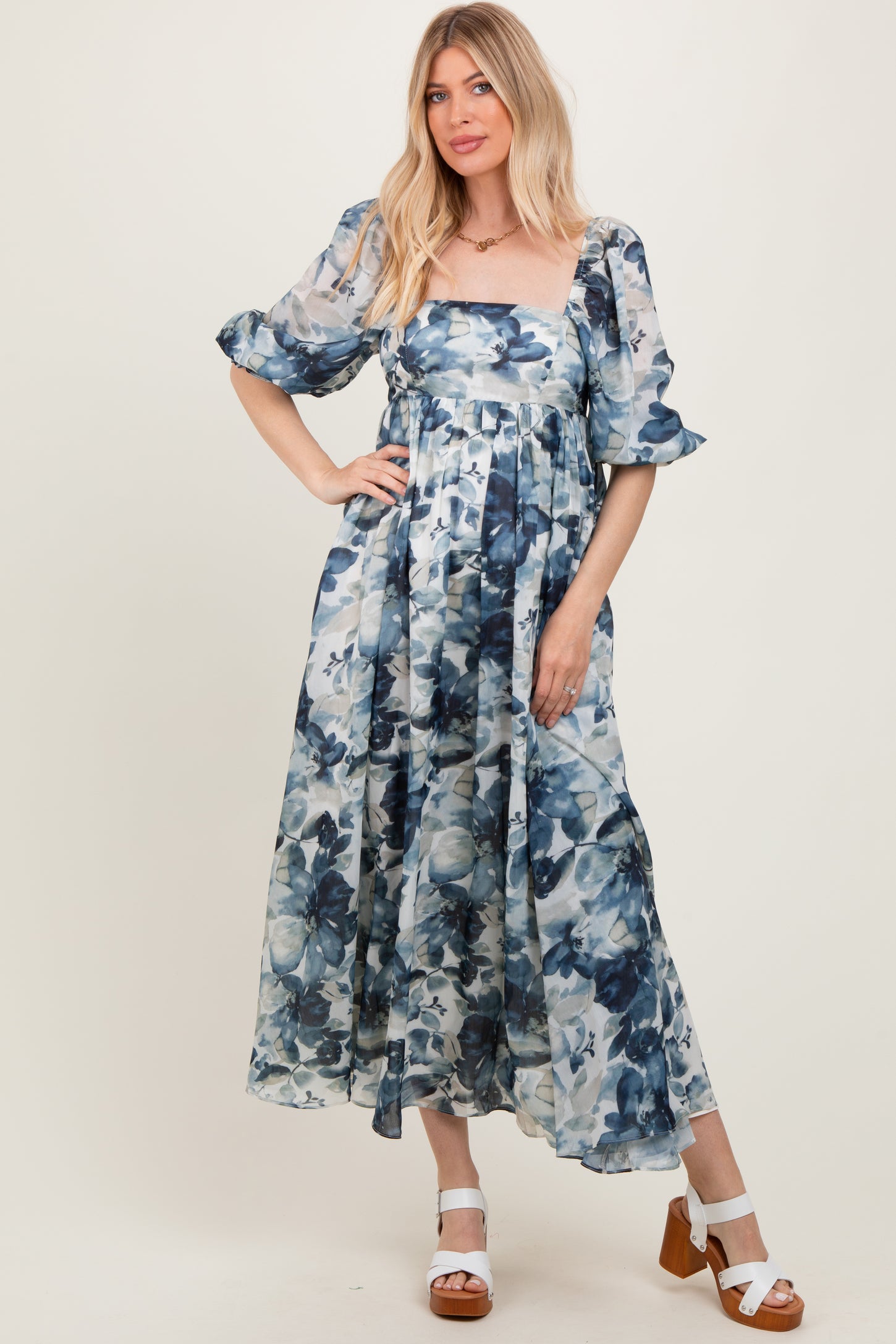 Navy Floral 3/4 Puff Sleeve Maternity Maxi Dress