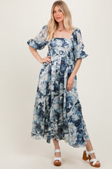 Navy Floral 3/4 Puff Sleeve Maternity Maxi Dress