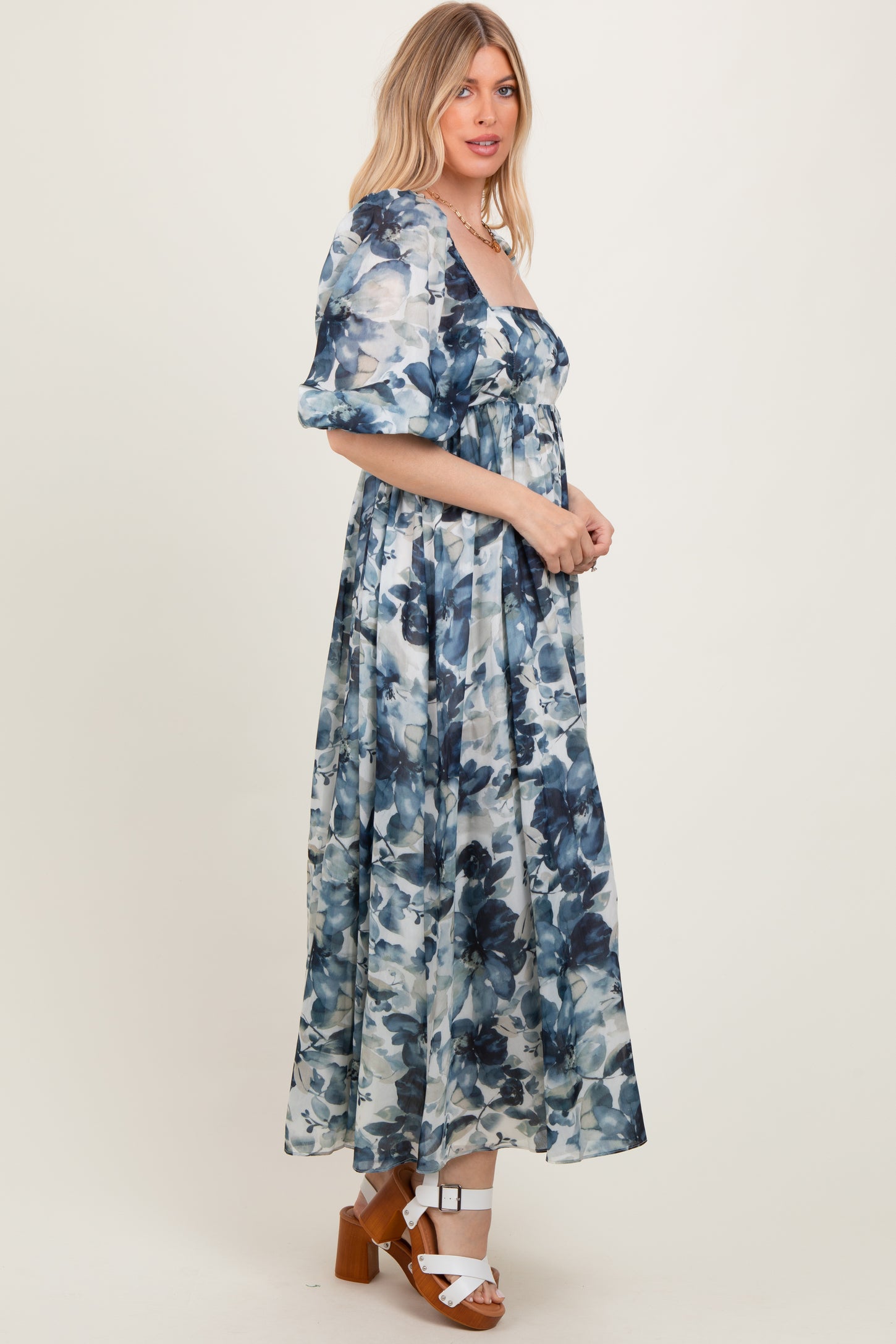 Navy Floral 3/4 Puff Sleeve Maxi Dress