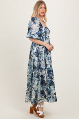 Navy Floral 3/4 Puff Sleeve Maxi Dress