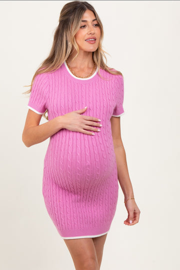 Pink Cable Knit Contrast Trim Maternity Mini Dress