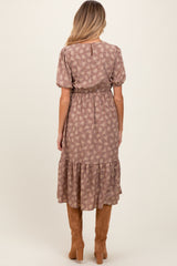 Mocha Floral Puff Sleeve Smocked Maternity Midi Dress