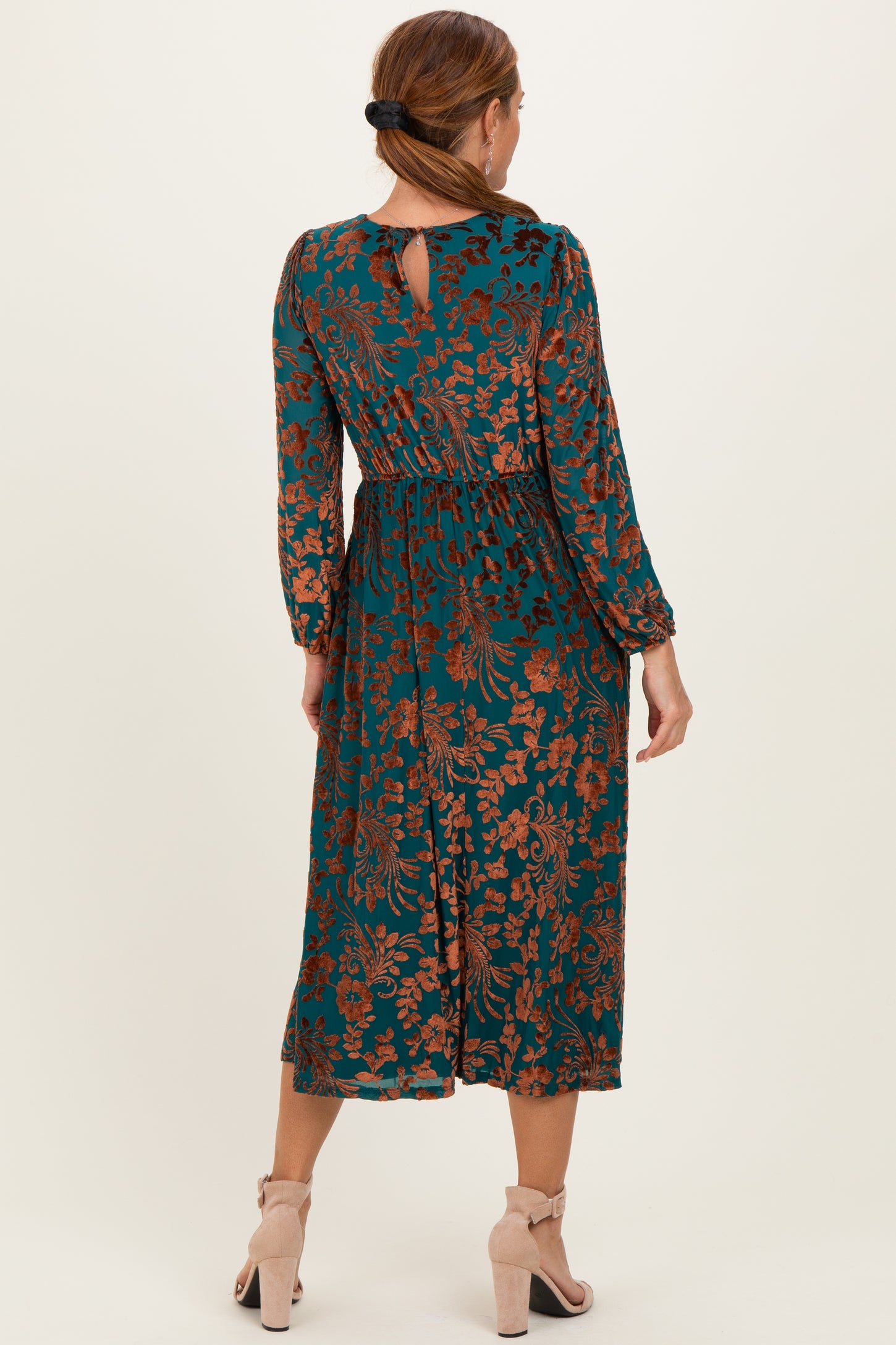 Teal Velvet Floral Overlay Midi Dress