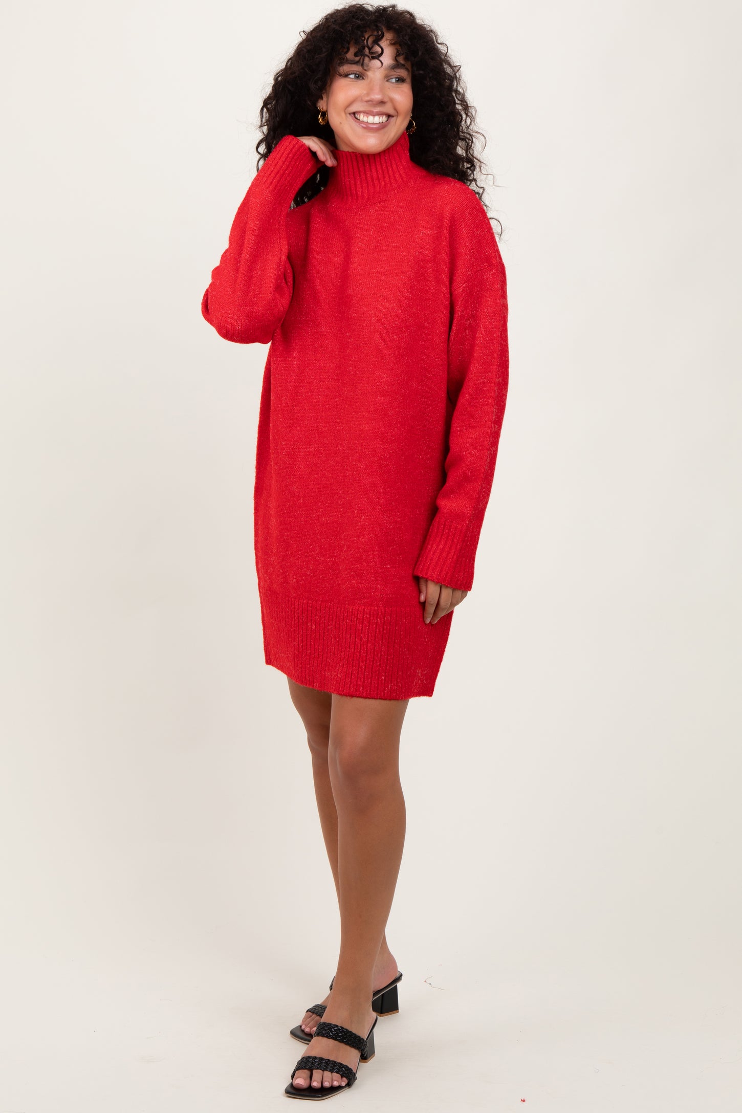 Red Chunky Knit Turtleneck Maternity Mini Sweater Dress