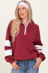 Burgundy Half Zip Stripe Sleeve Maternity Pullover
