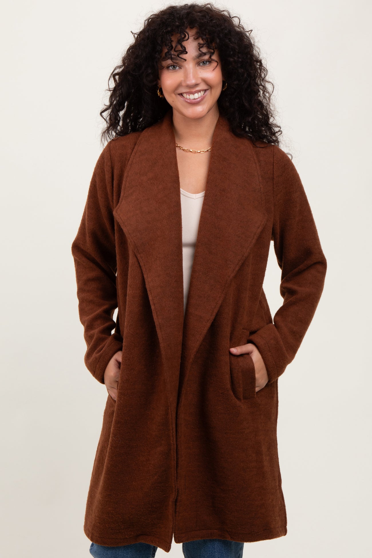Brown Knit Relaxed Fit Coat Jacket