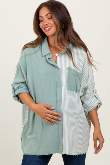 Light Olive Colorblock Stripe Oversized Maternity Button Down