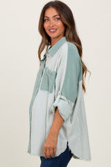 Light Olive Colorblock Stripe Oversized Maternity Button Down