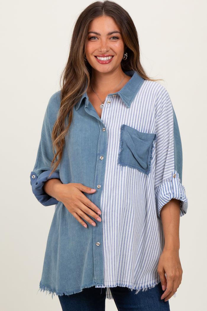 woman wearing a maternity oversized button-up shirt with denim and striped patterns, holding her baby bump