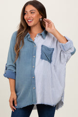 Blue Colorblock Stripe Oversized Maternity Button Down