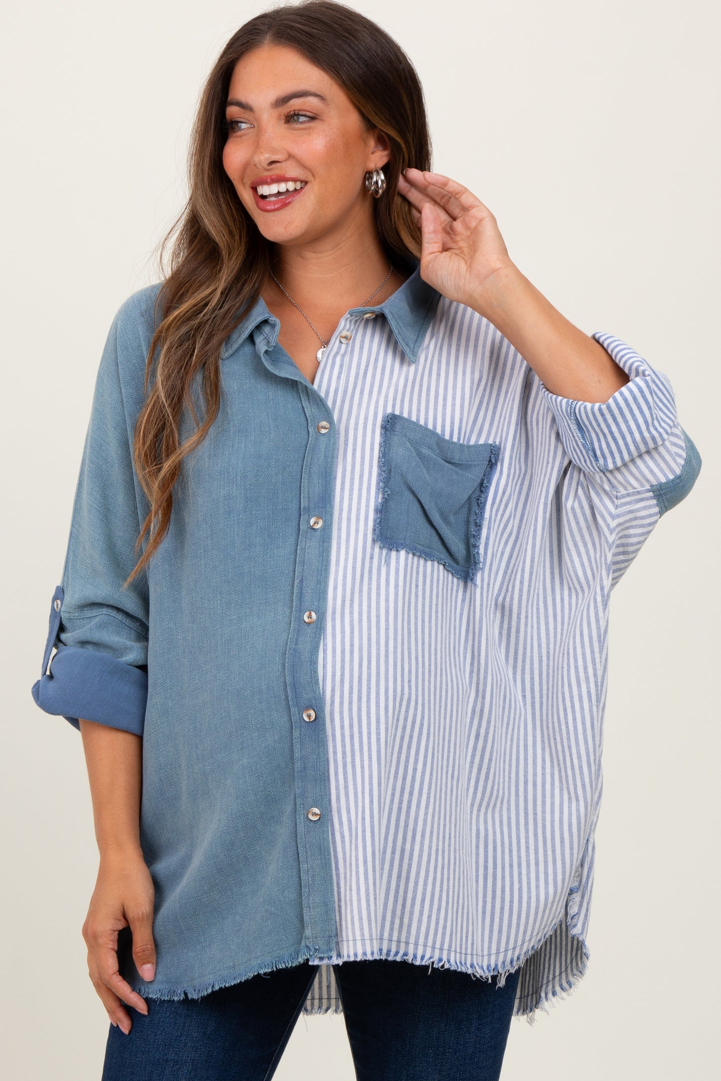 Blue Colorblock Stripe Oversized Maternity Button Down