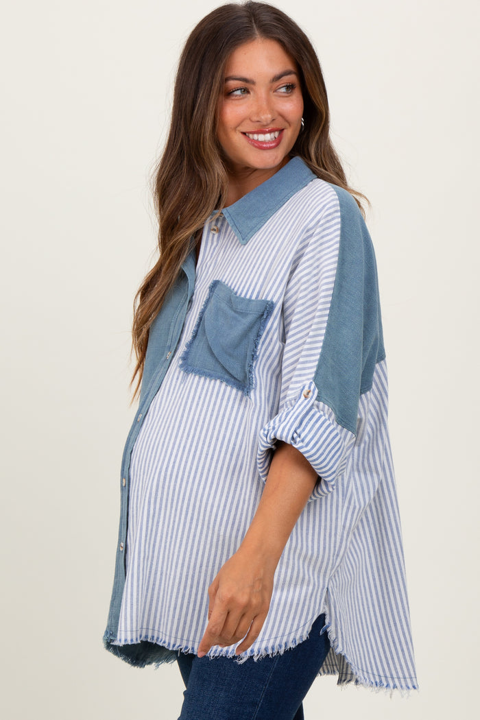 woman wearing a striped blue and white maternity shirt with a chest pocket and frayed hem, showing her baby bump