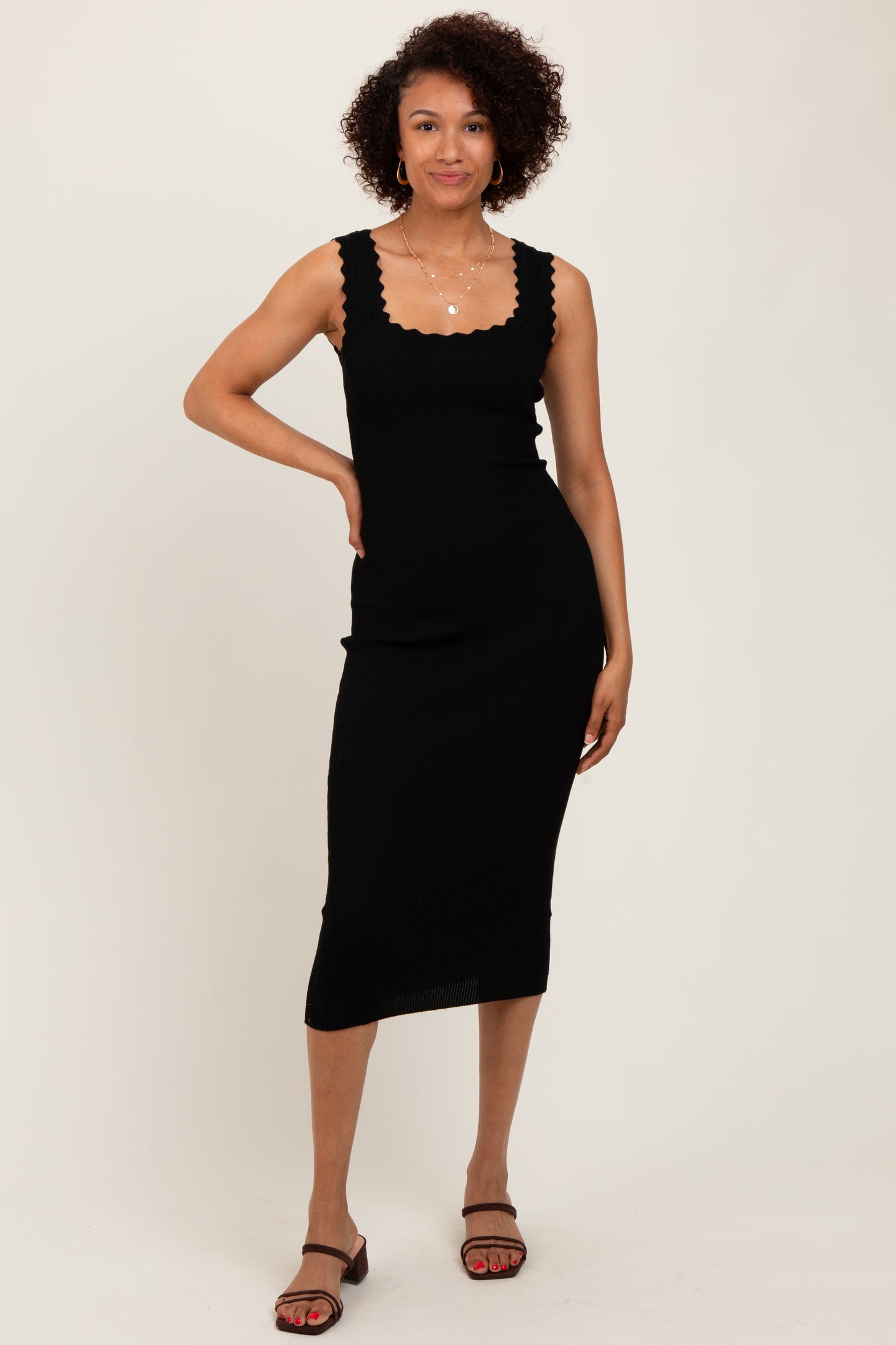 Black Scallop Trim Ribbed Knit Sleeveless Midi Dress PinkBlush Black Scallop Trim Ribbed Knit Sleeveless Midi Dress PinkBlush