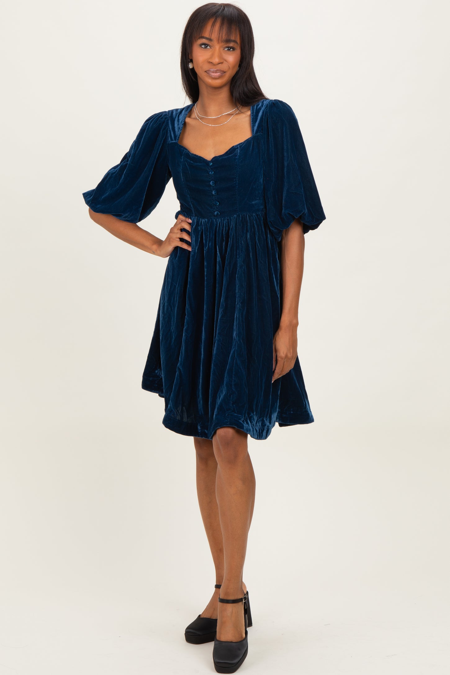 Navy Velvet Sweetheart Button Accent Dress