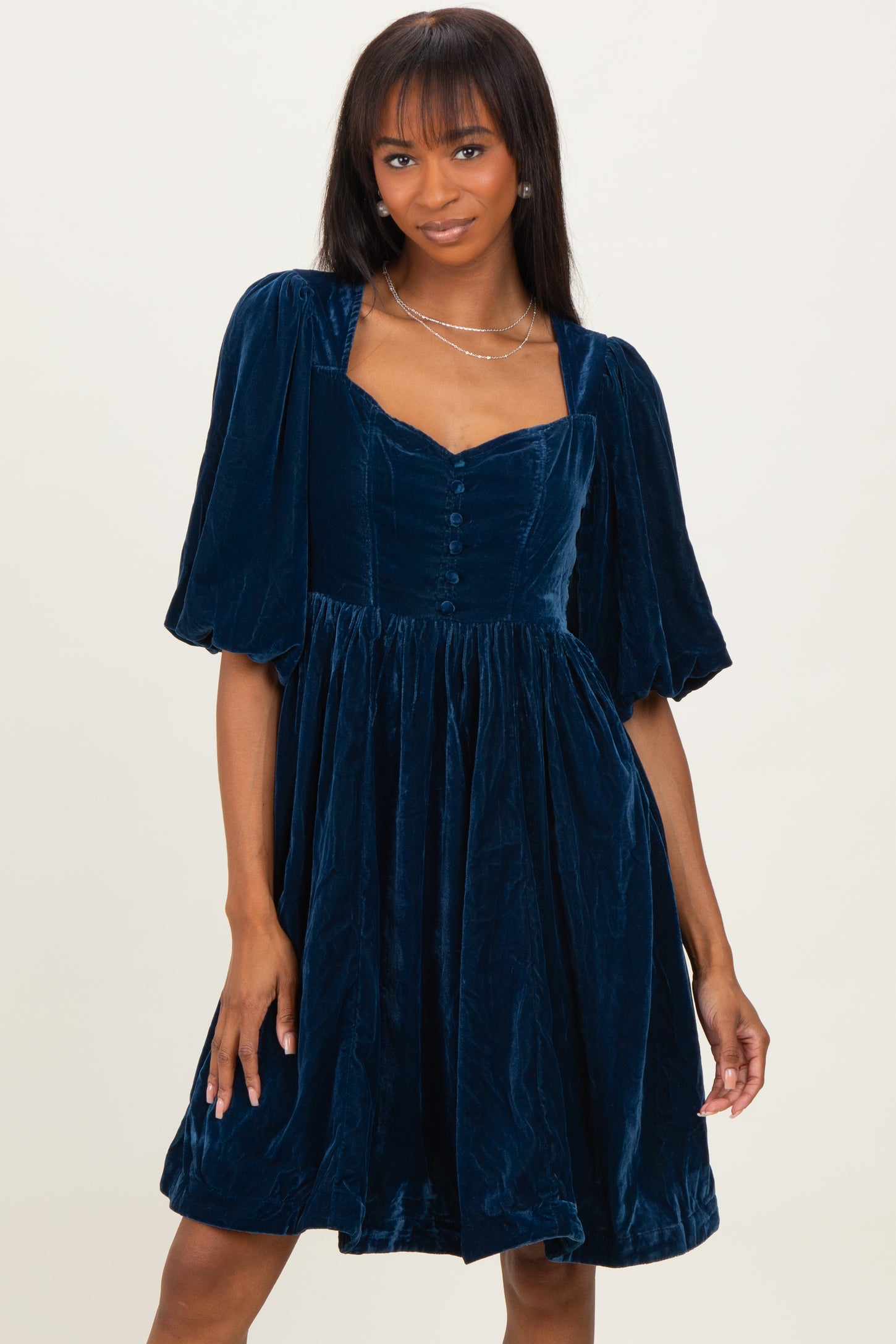 Navy Velvet Sweetheart Button Accent Maternity Dress Navy Velvet Sweetheart Button Accent Maternity Dress