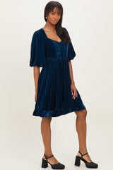 Navy Velvet Sweetheart Button Accent Dress