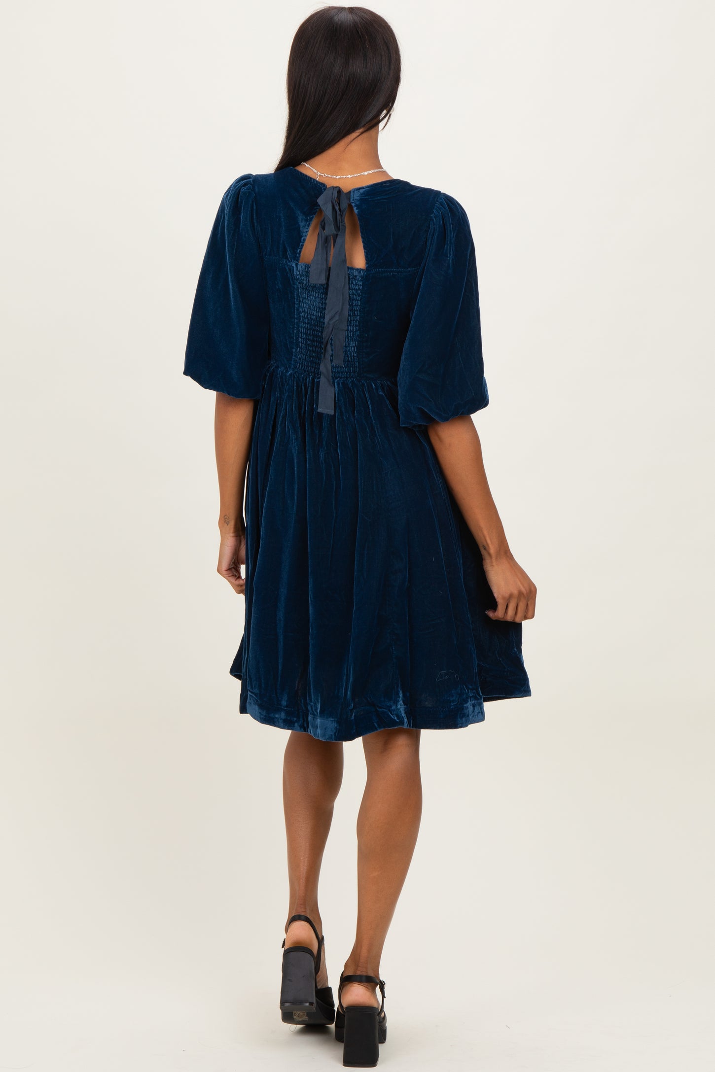 Navy Velvet Sweetheart Button Accent Dress
