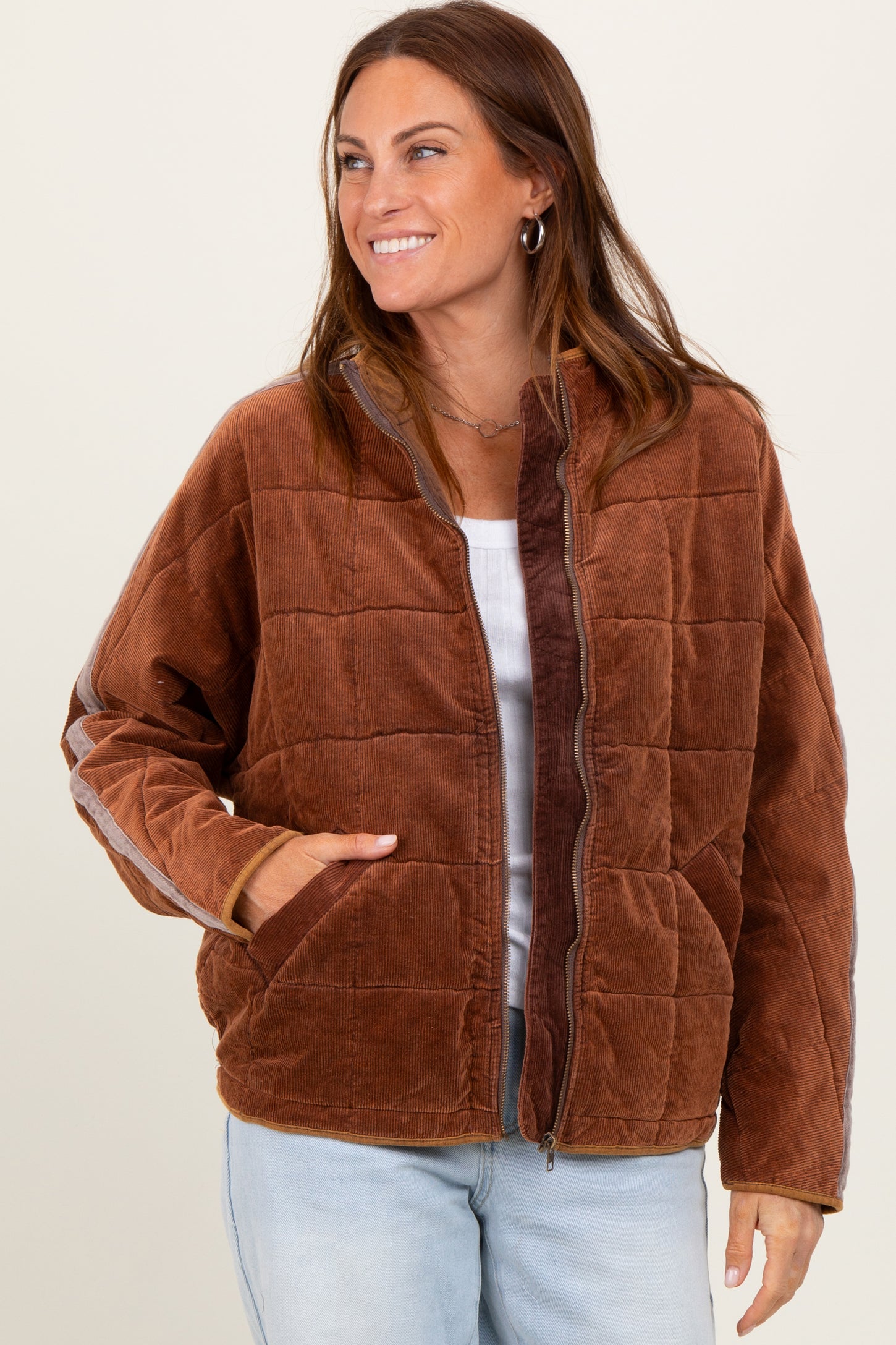 Brown Quilted Corduroy Maternity Puffer Jacket