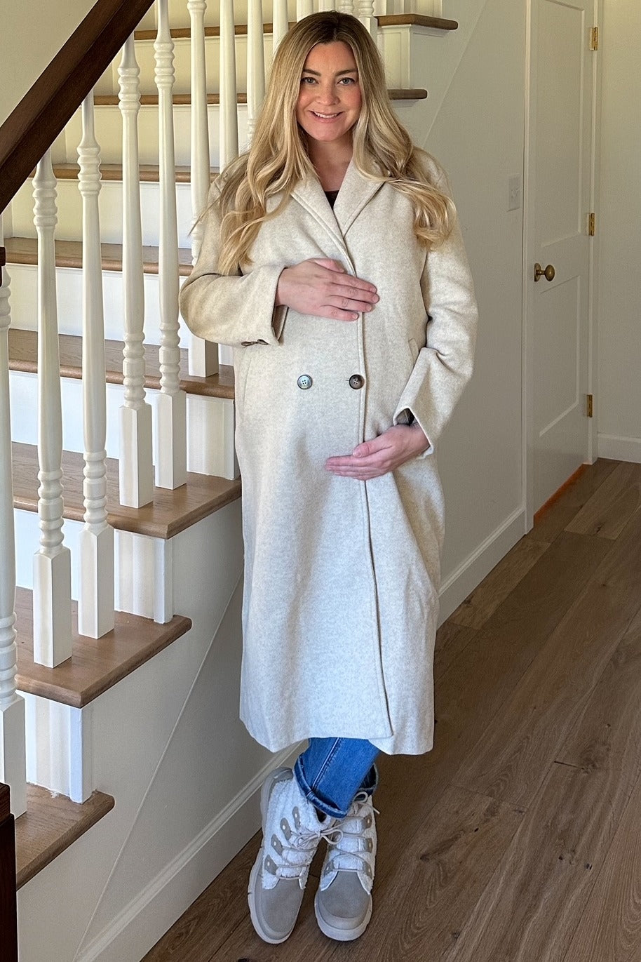 Cream Felted Double Breasted Lapel Maternity Button Coat