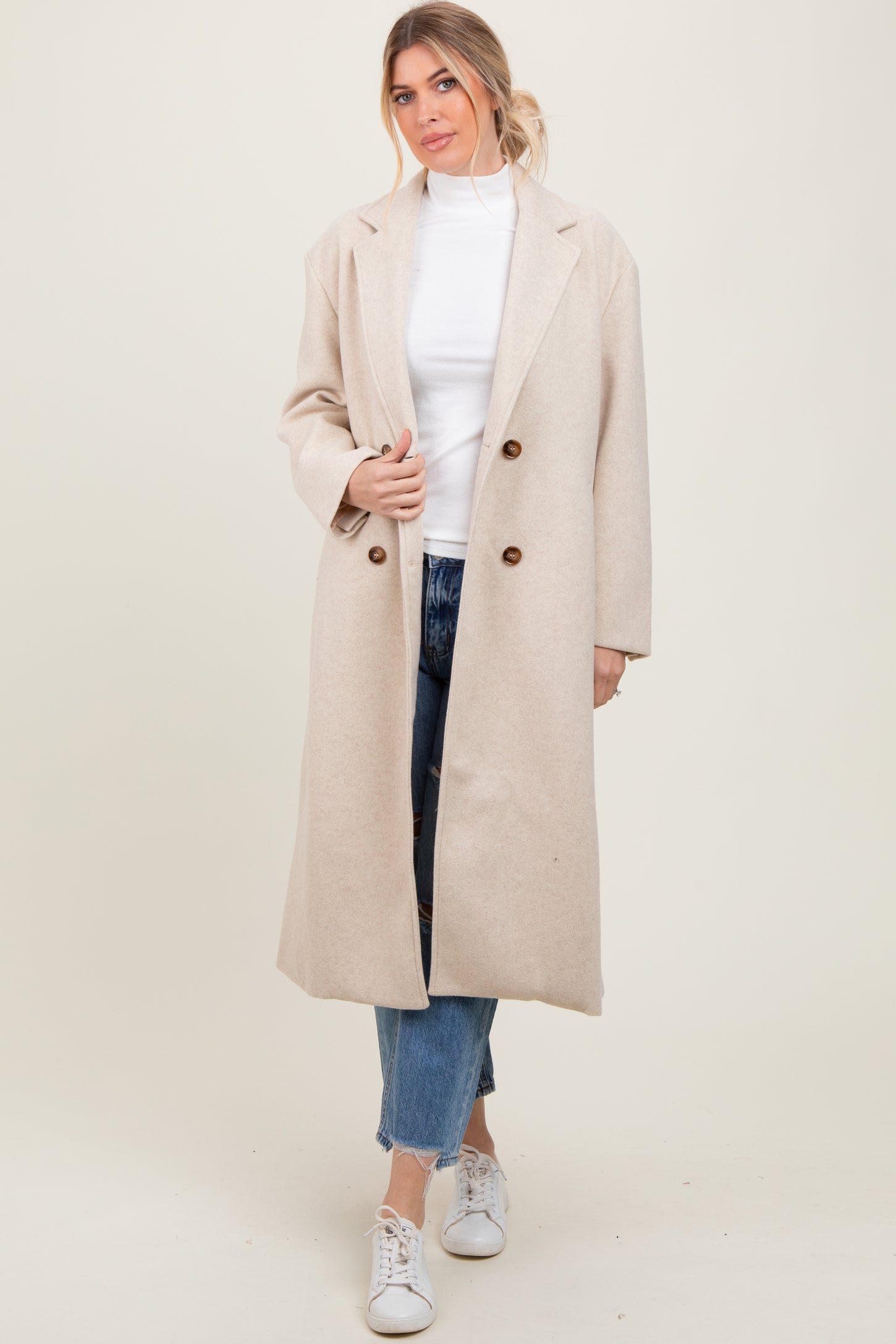 Cream Felted Double Breasted Lapel Maternity Button Coat