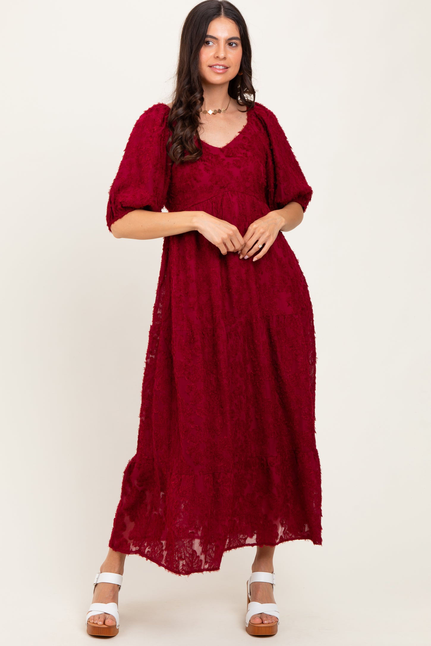 Burgundy Textured Tiered Midi Dress