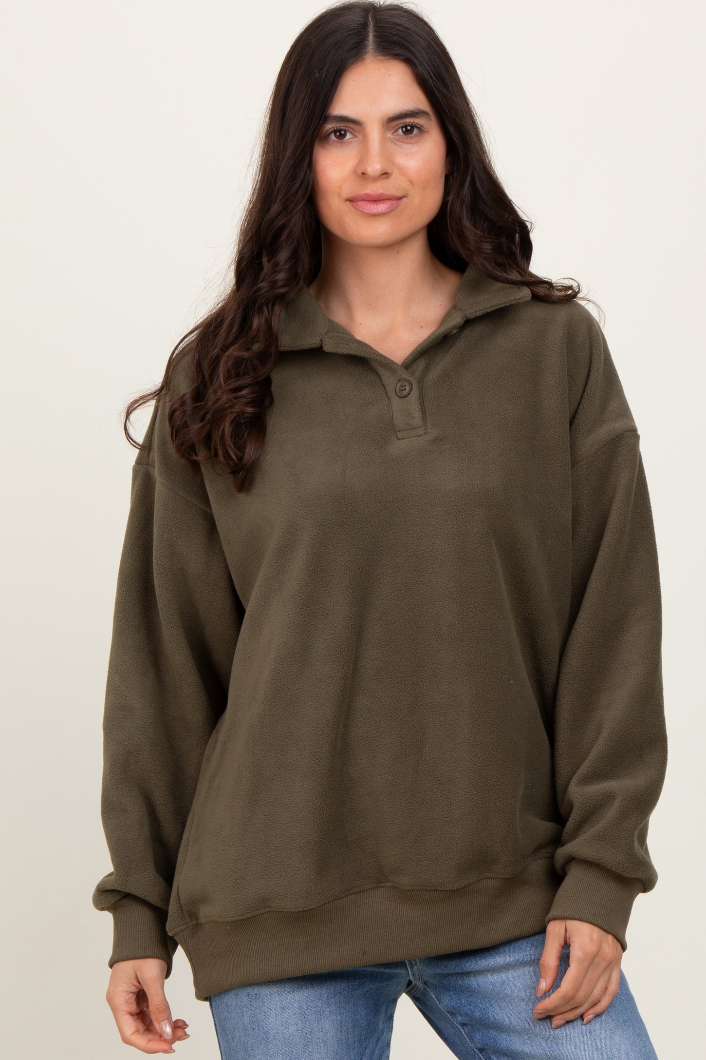 Olive Fleece Collared Button Up Pullover