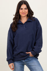Navy Fleece Collared Button Up Maternity Pullover