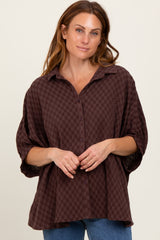 Brown Checker Print Short Sleeve Oversized Blouse