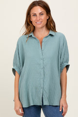 Light Olive Checker Print Short Sleeve Oversized Maternity Blouse