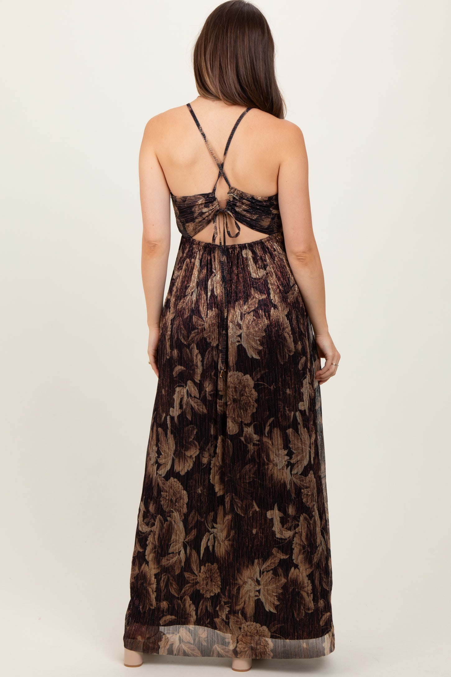Dark Brown Floral Deep V-Neck Back Cutout Maternity Maxi Dress PinkBlush Dark Brown Floral Deep V-Neck Back Cutout Maternity Maxi Dress PinkBlush