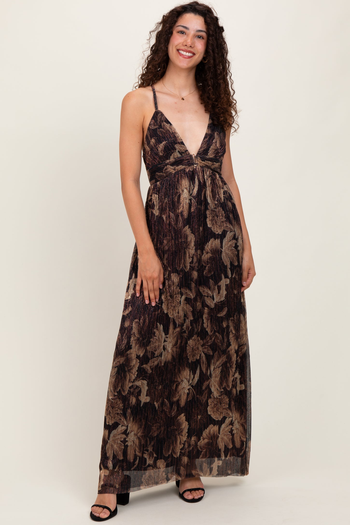 Dark Brown Floral Deep V-Neck Back Cutout Maternity Maxi Dress PinkBlush Dark Brown Floral Deep V-Neck Back Cutout Maternity Maxi Dress PinkBlush