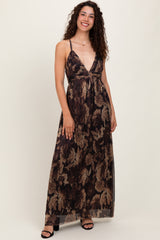 Dark Brown Floral Deep V-Neck Back Cutout Maxi Dress