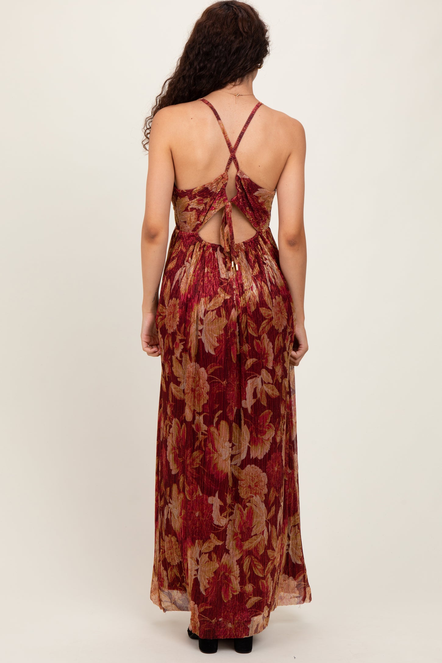 Burgundy Floral Deep V-Neck Back Cutout Maxi Dress