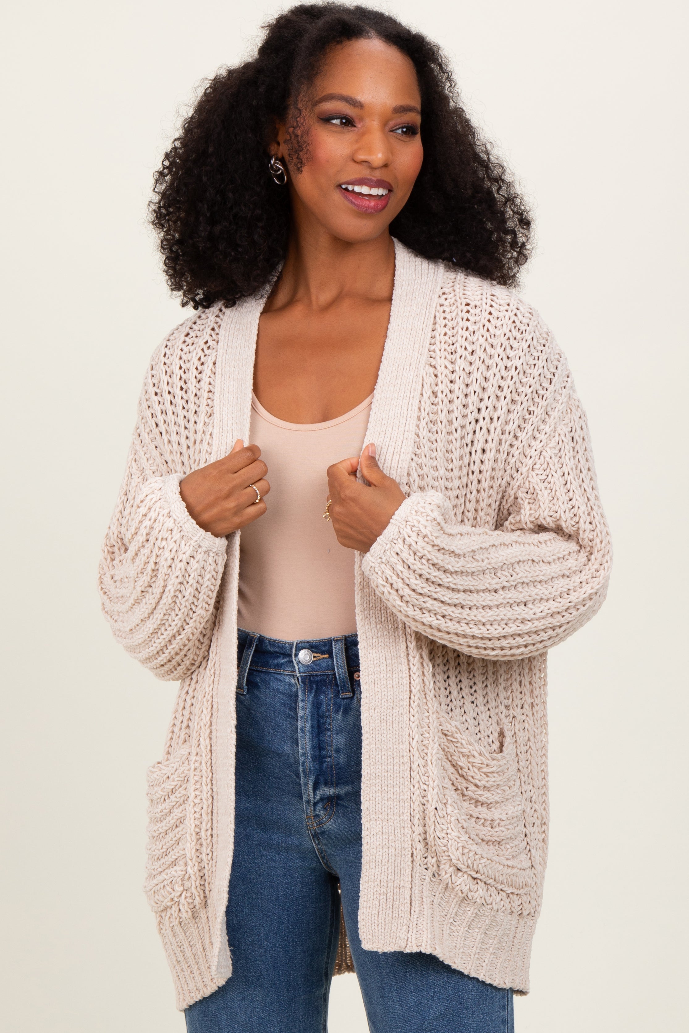 Beige Chunky Knit Oversized Pocket Cardigan – PinkBlush